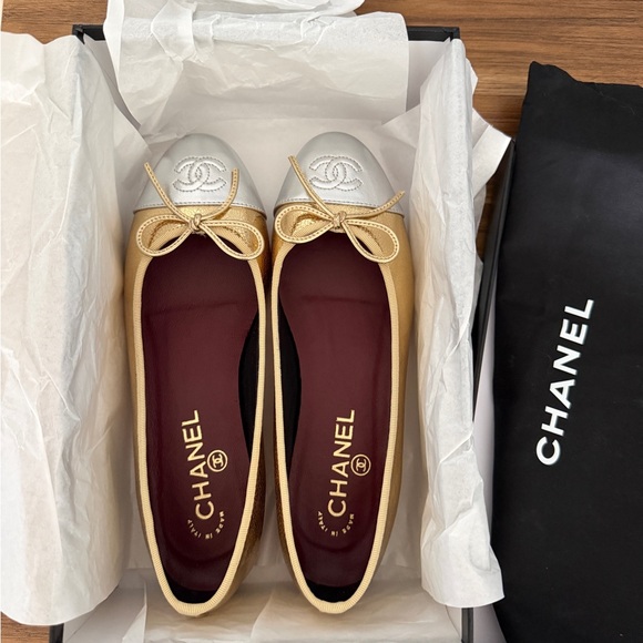 CHANEL Gold and Silver Cap-Toe Ballet Flats - Picture 2 of 9